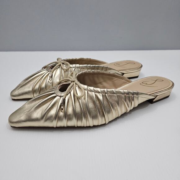 NEW Sam Edelman Julia Mule Womens 9.5 Gathered Gold Leaf Leather Flat Slip On - Picture 1 of 15